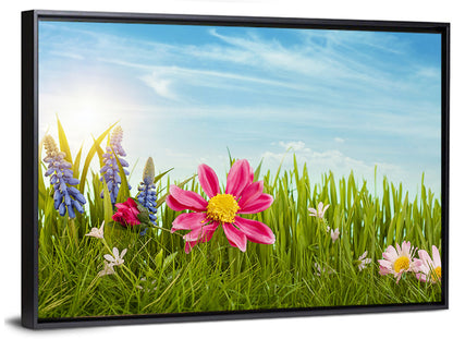 Pink Daisy and Blue Hyacinths in Spring Grass Wall Art