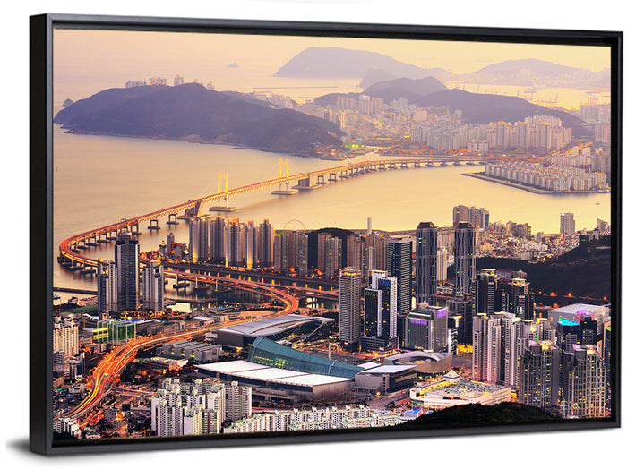 Busan Dusk Aerial Skyline with Gwangan Bridge Wall Art as a framed canvas
