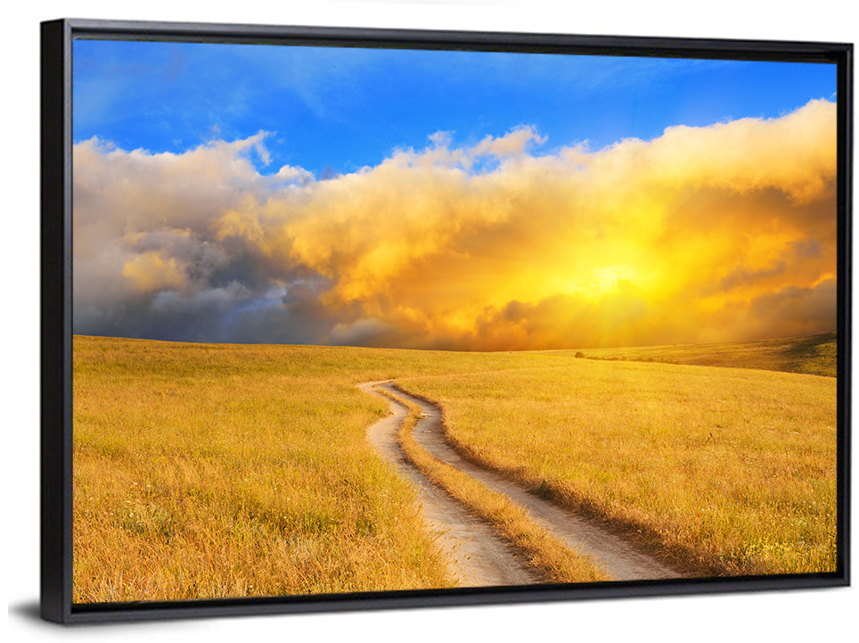 Sunlit Meadow Path with Dramatic Clouds Wall Art