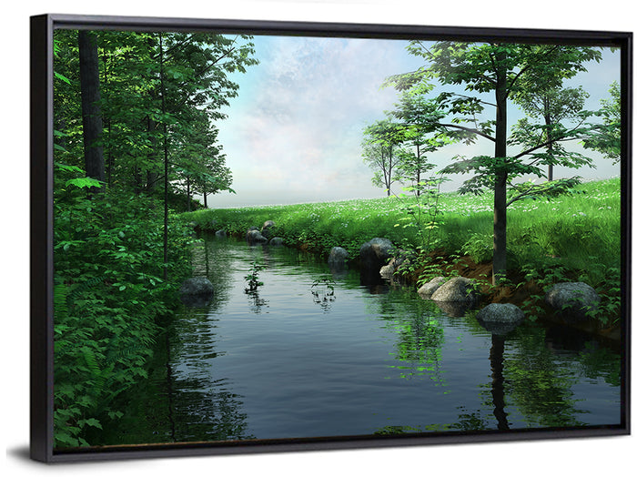 Tranquil Meadow Stream with Wildflowers Wall Art as a framed canvas
