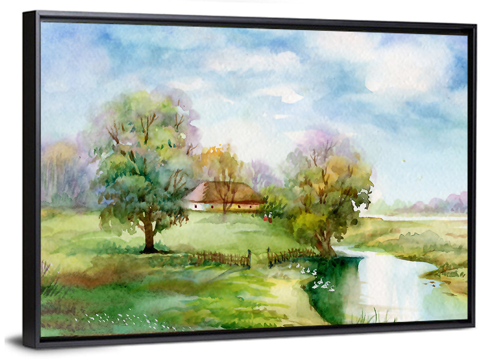 Spring Cottage by the Stream Wall Art