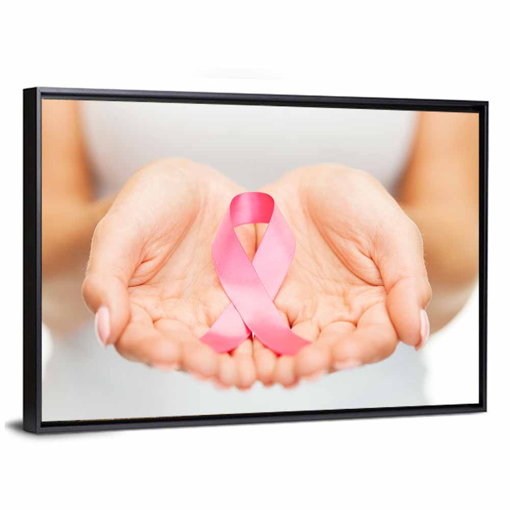 Cupped Hands Holding Pink Ribbon Wall Art