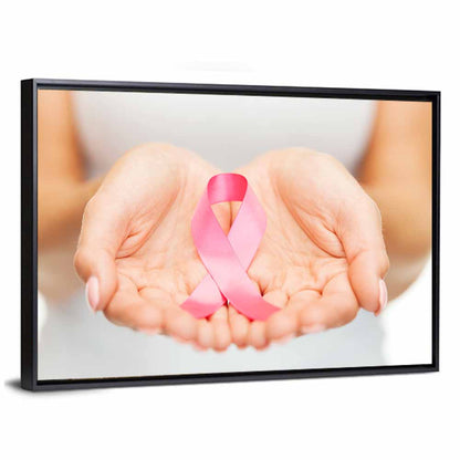 Cupped Hands Holding Pink Ribbon Wall Art