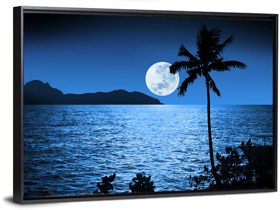 Moonlit Tropical Shore Silhouette Wall Art