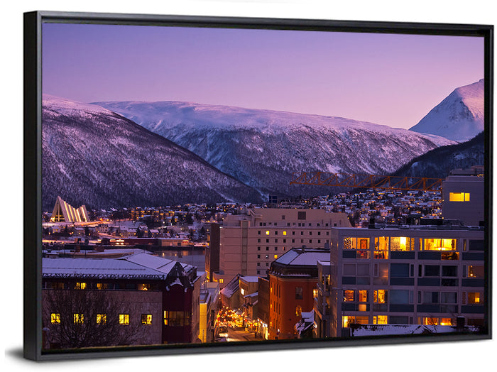 Tromsø Twilight Cityscape Wall Art as a framed canvas