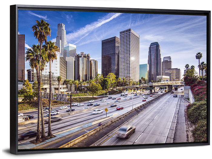 Los Angeles Freeway to Downtown Skyline Wall Art as a framed canvas