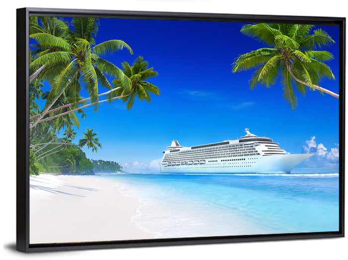 Tropical Beach Cruise Ship Shoreline Wall Art as a framed canvas