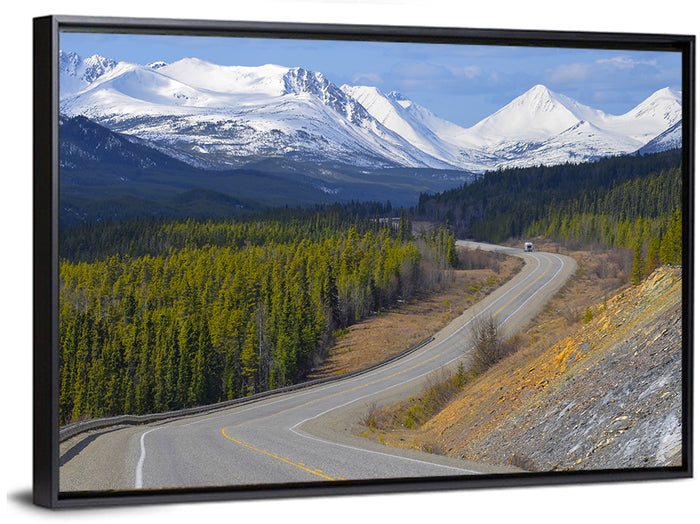 Alaska Highway Winding Road and Rv Wall Art as a framed canvas