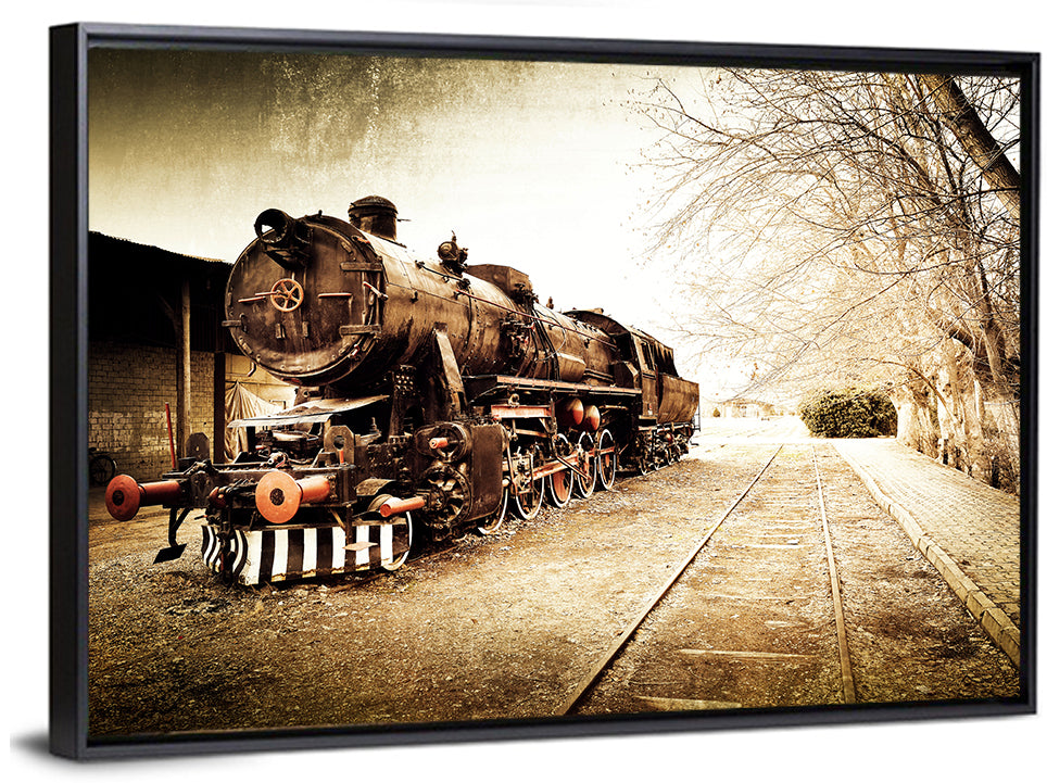 Sepia Steam Locomotive on Rusted Tracks Wall Art