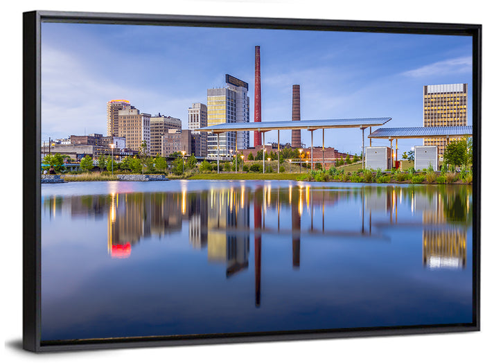 Birmingham Skyline Reflection at Twilight Wall Art as a framed canvas