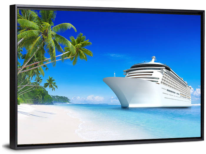 Cruise Ship Beside Tropical Beach Wall Art as a framed canvas