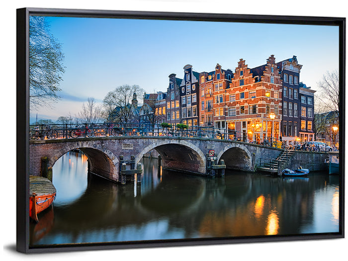 Brouwersgracht Canal Bridge at Dusk Wall Art as a framed canvas