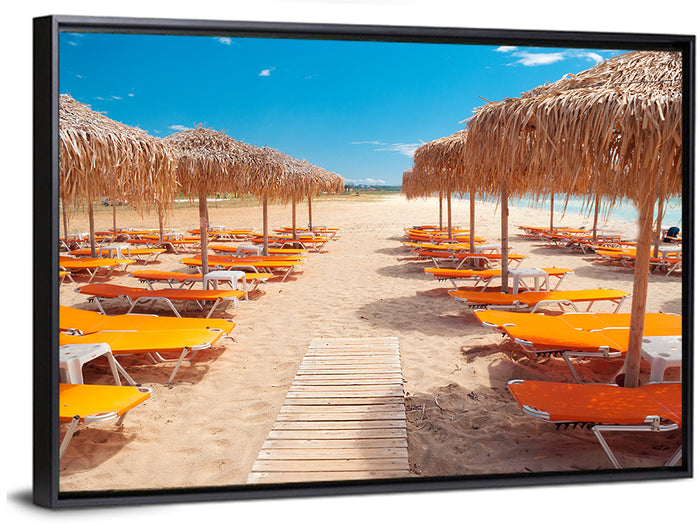 Beach Boardwalk with Orange Loungers Wall Art as a framed canvas
