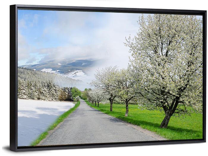 Season Change Road to Snowy Mountain Wall Art as a framed canvas