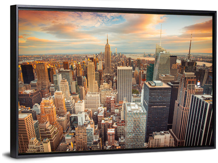 Midtown Manhattan Skyline at Sunset Wall Art as a framed canvas