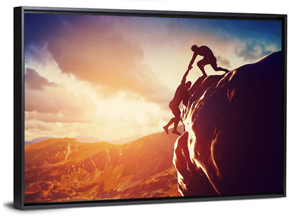 Two Hikers Summit Assist at Sunset Wall Art