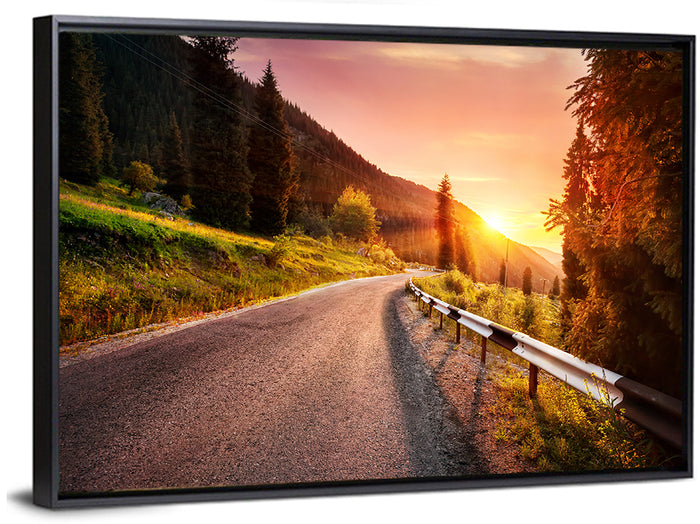 Golden Hour Mountain Road Wall Art as a framed canvas