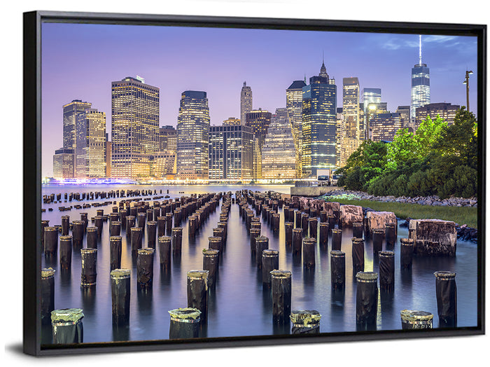 Manhattan Skyline at Twilight Wall Art as a framed canvas