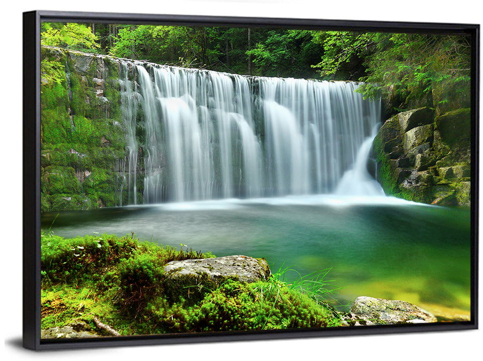 Emerald Forest Waterfall with Mossy Stones Wall Art