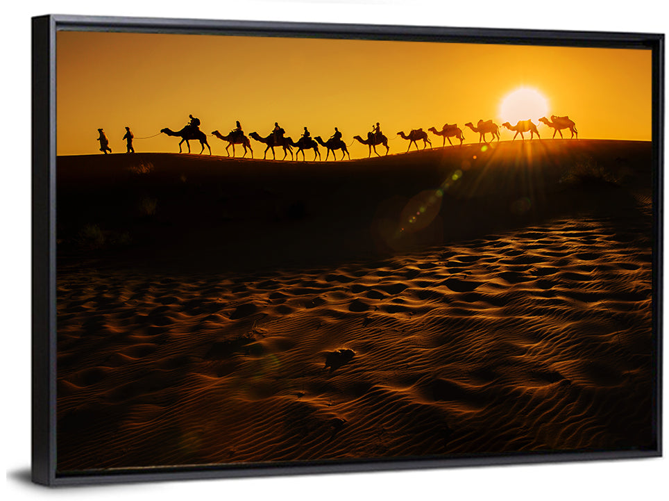 Camel Caravan Silhouette at Golden Sunset Wall Art