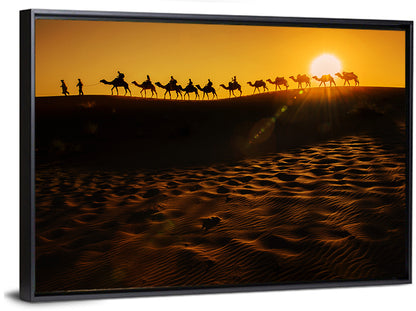 Camel Caravan Silhouette at Golden Sunset Wall Art