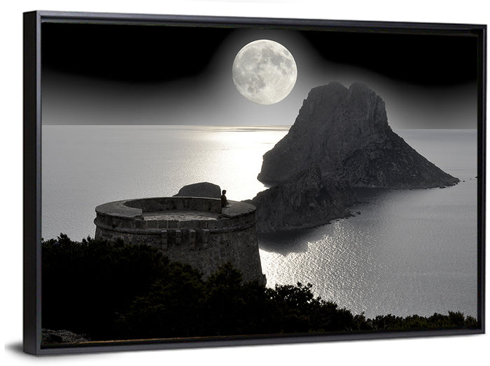 Pirates Tower Moonlit Watchtower, Ibiza Wall Art as a framed canvas