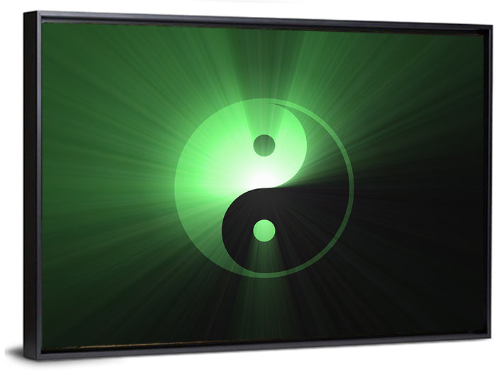 Green Glowing Yin Yang Wall Art as a framed canvas