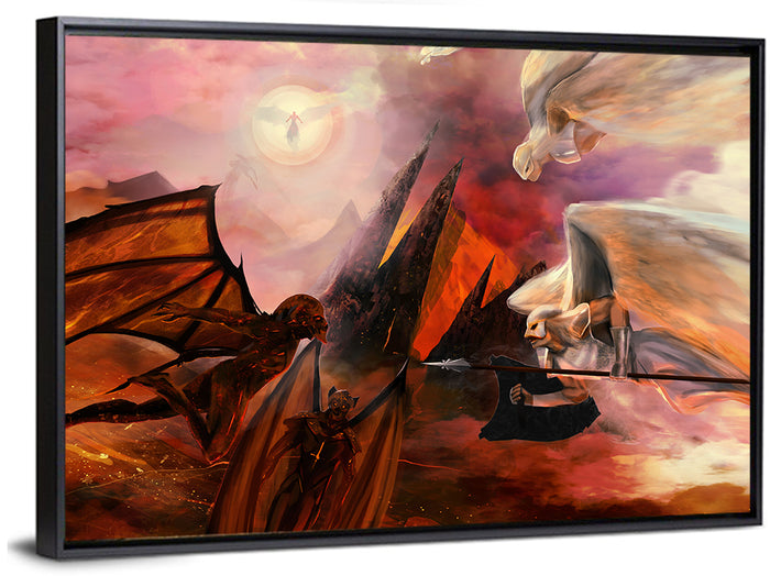Celestial Battle: Angels and Demons Wall Art as a framed canvas