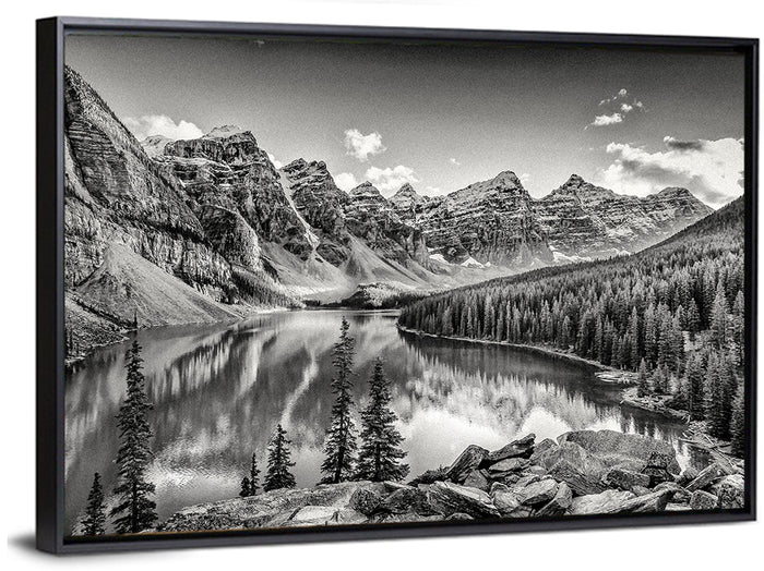 Moraine Lake Monochrome Mountain Landscape Wall Art as a framed canvas