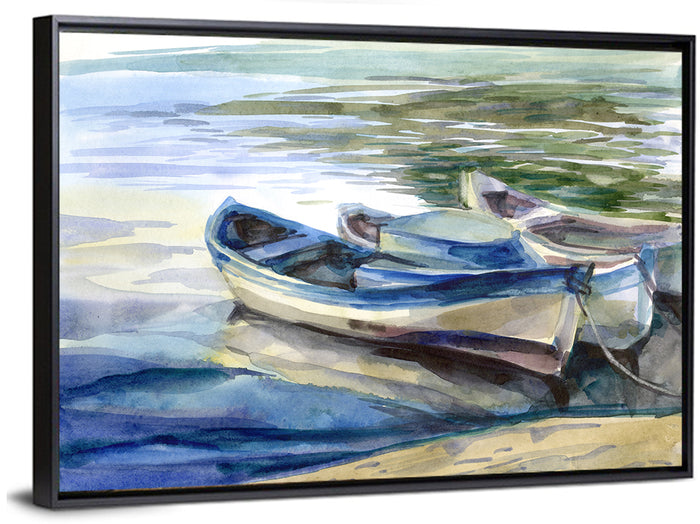 Watercolor Rowboats by the Shore Wall Art as a framed canvas