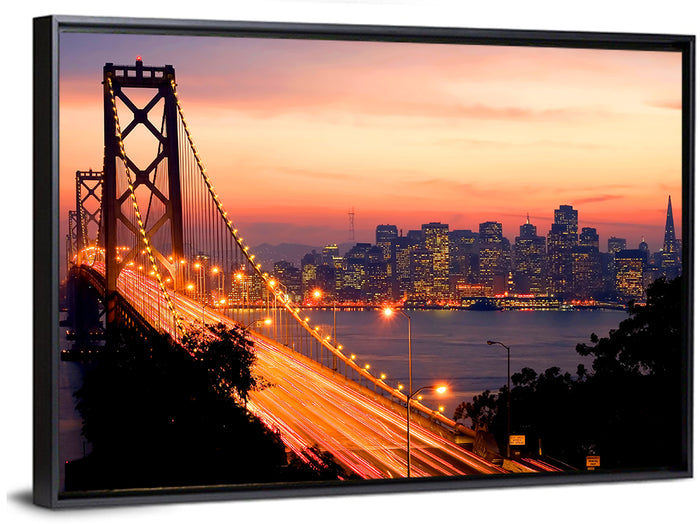 Bay Bridge Light Trails at Sunset Wall Art as a framed canvas