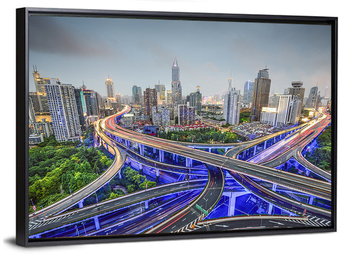 Shanghai Dusk Interchange Cityscape Wall Art as a framed canvas