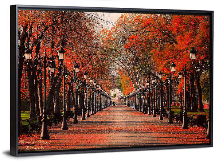 Autumn Park Path with Vintage Lampposts Wall Art as a framed canvas