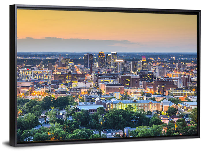 Birmingham Skyline at Golden Hour Wall Art as a framed canvas