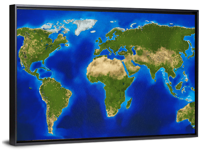 Satellite-style Blue World Map Wall Art as a framed canvas