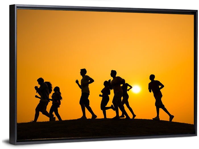 Six Runners Silhouette at Golden Sunset Wall Art as a framed canvas