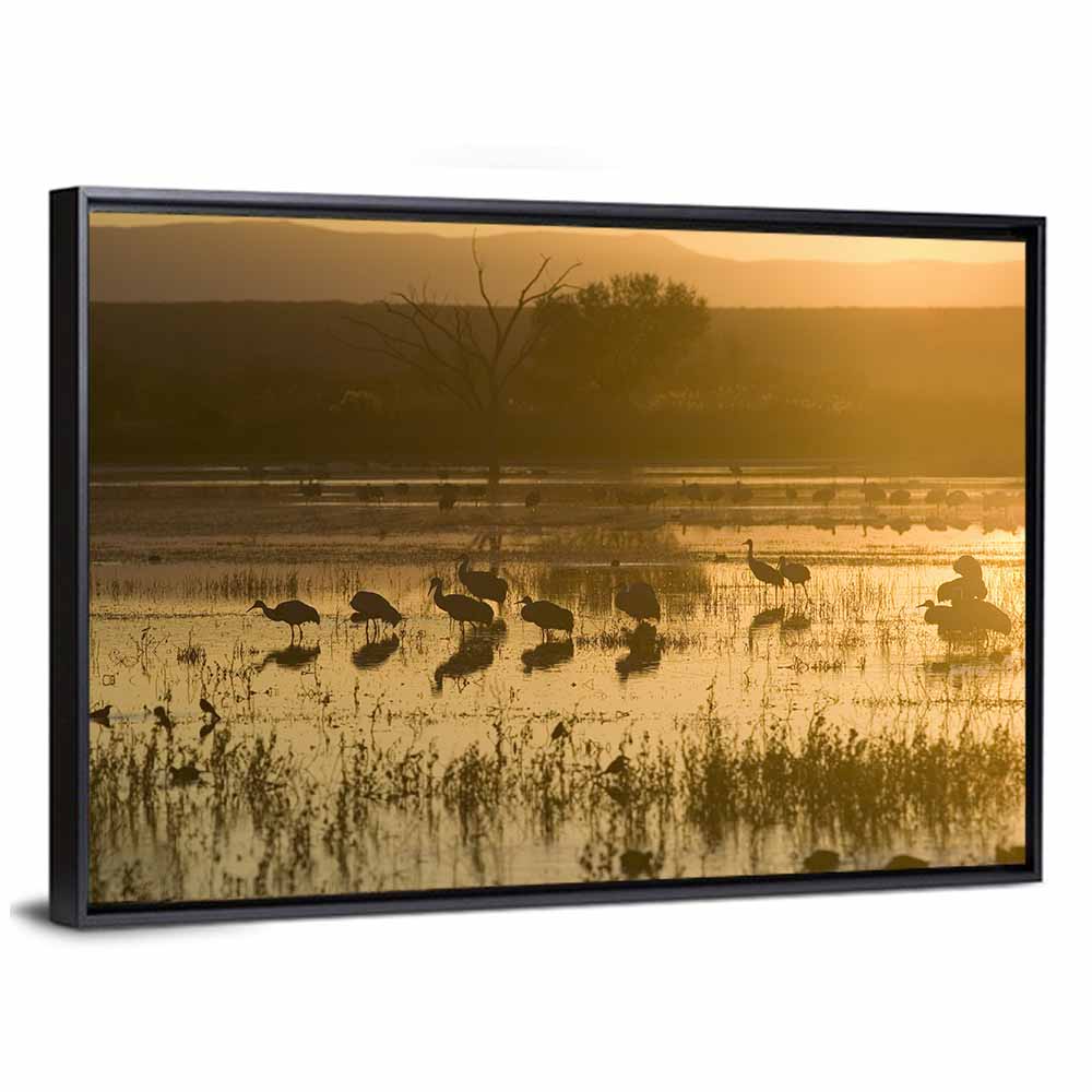 Golden Hour Sandhill Cranes on Lake Wall Art