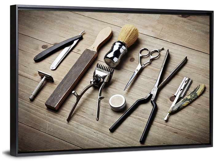 Vintage Barber Tools on Wooden Workbench Wall Art as a framed canvas