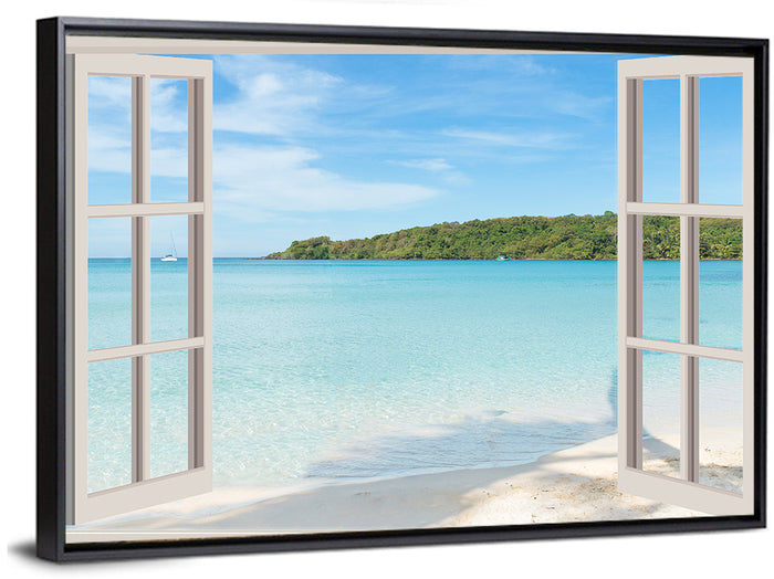 Turquoise Beach View Through Window Wall Art as a framed canvas
