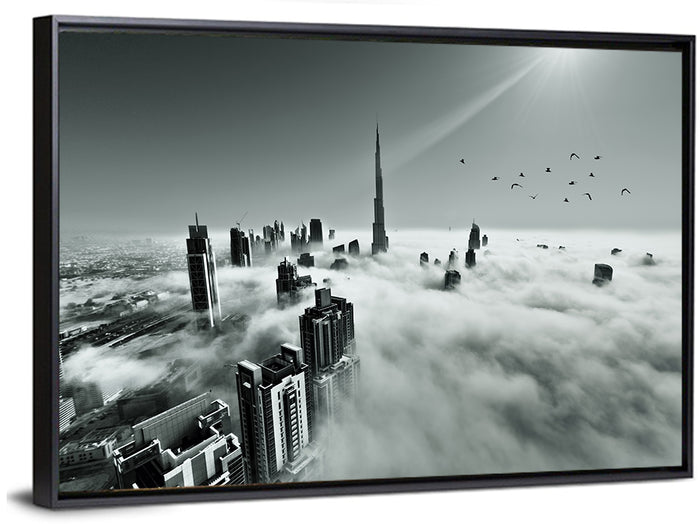 Burj Khalifa Rising Through Morning Fog Wall Art as a framed canvas
