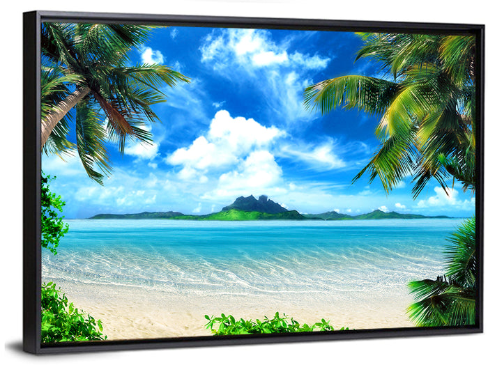Palm-framed Tropical Island Beach Wall Art as a framed canvas