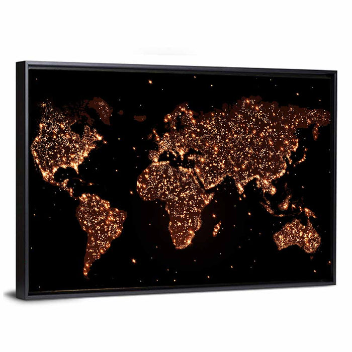 World Map Night Lights Wall Art as a framed canvas