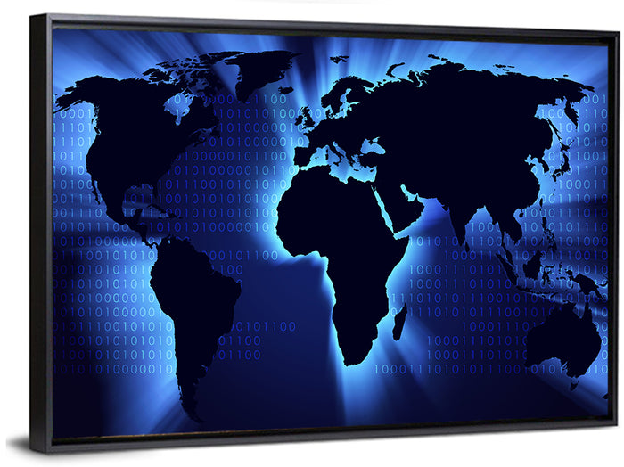 Glowing Digital World Map Wall Art as a framed canvas