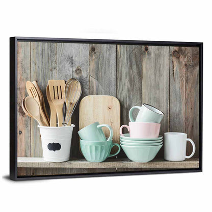Rustic Shelf with Utensils and Pastel Bowls Wall Art