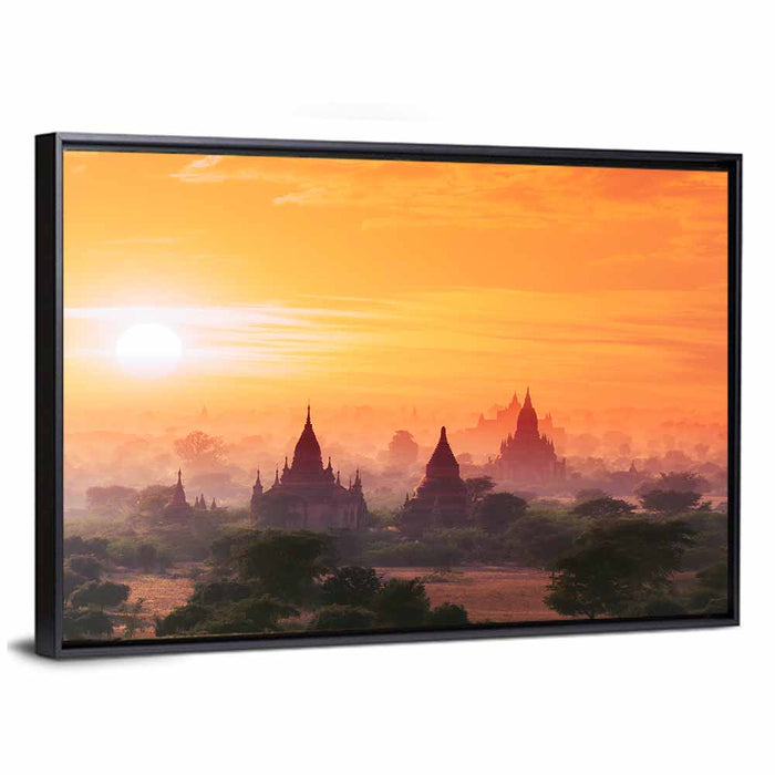 Bagan Pagodas at Sunset Wall Art as a framed canvas