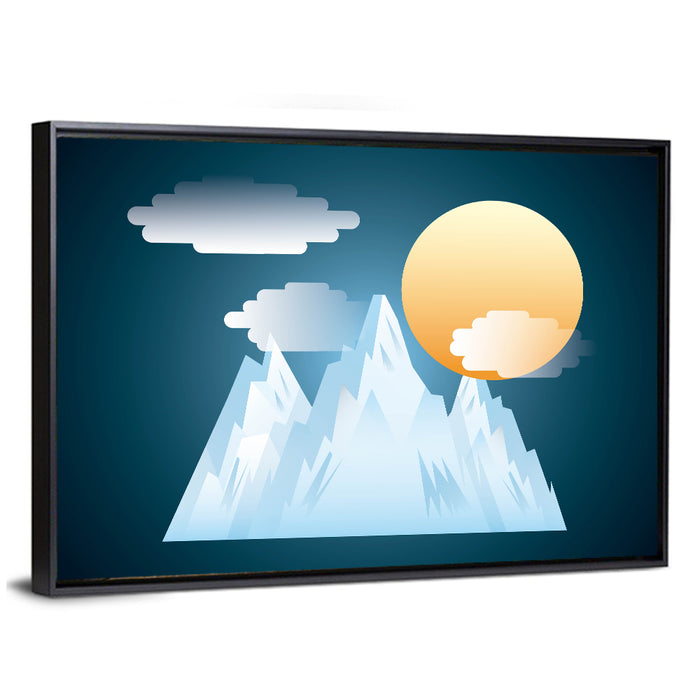 Geometric Snowy Mountain with Golden Sun Wall Art as a framed canvas