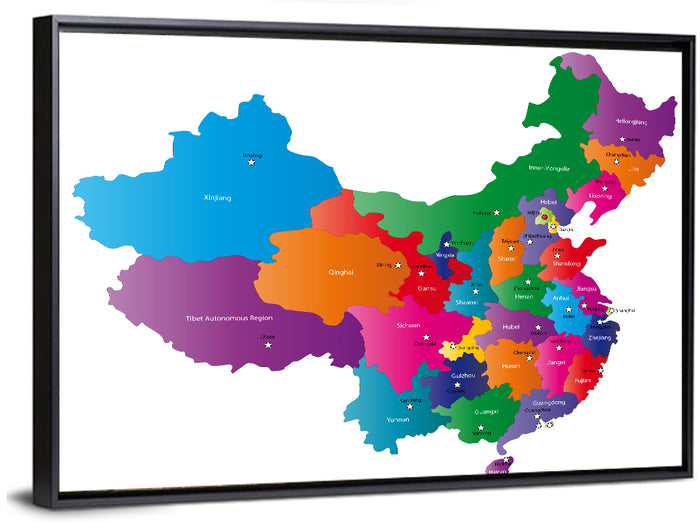 Colorful China Provinces Map Wall Art as a framed canvas