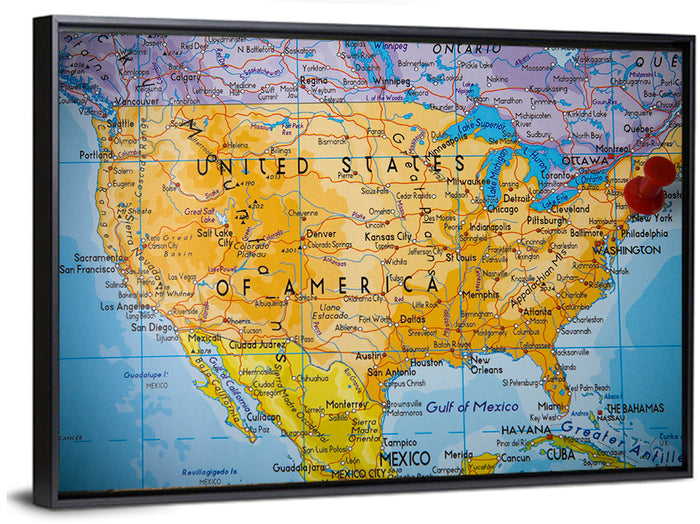 Vintage USA Map with Northeastern Pushpin Wall Art as a framed canvas