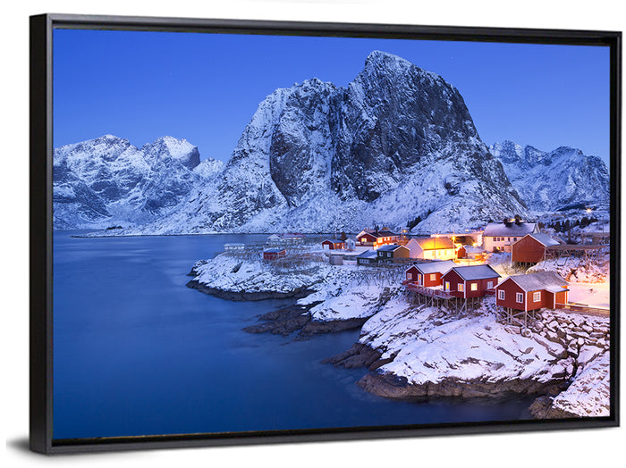 Hamnøy Red Cabins at Winter Dusk Wall Art as a framed canvas