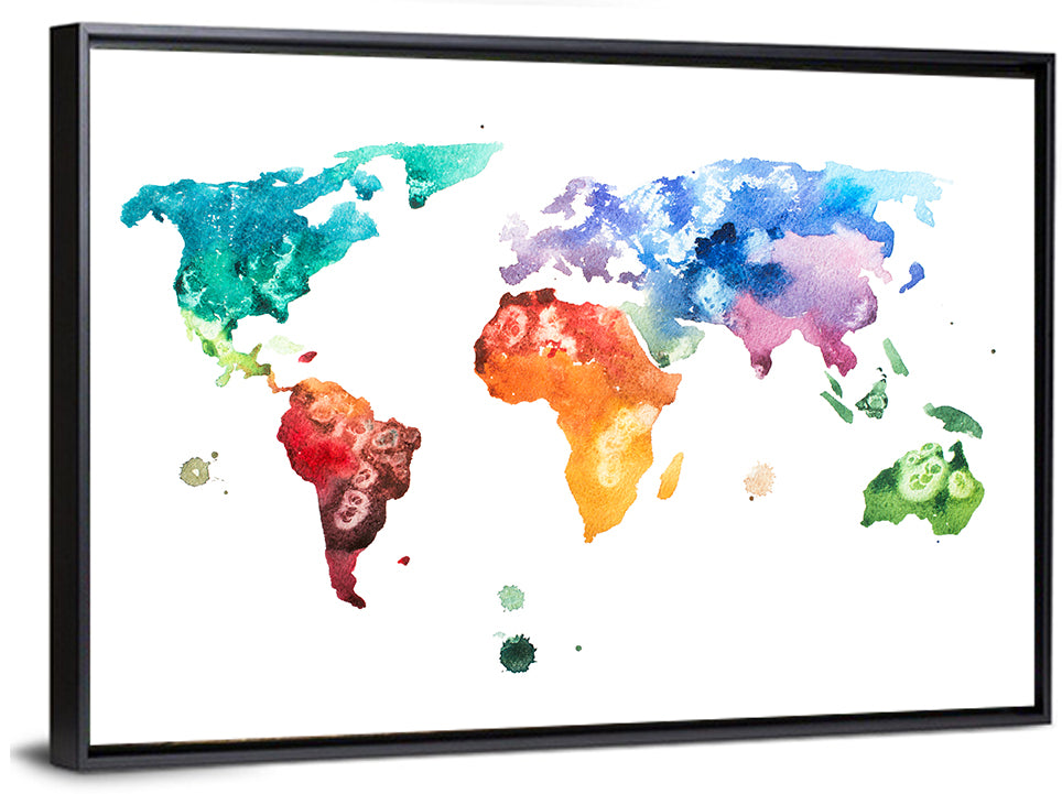 Multicolor Watercolor World Map Wall Art